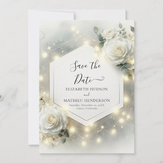 Aangepaste Typografie Witte Rozen bruiloft Save The Date (Voorkant)