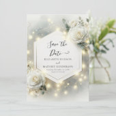 Aangepaste Typografie Witte Rozen bruiloft Save The Date (Staand voorkant)
