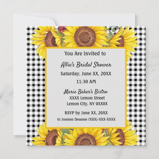 Aangepaste Uitnodiging Gingham & Zonnebloemen Ontw (Voorkant)