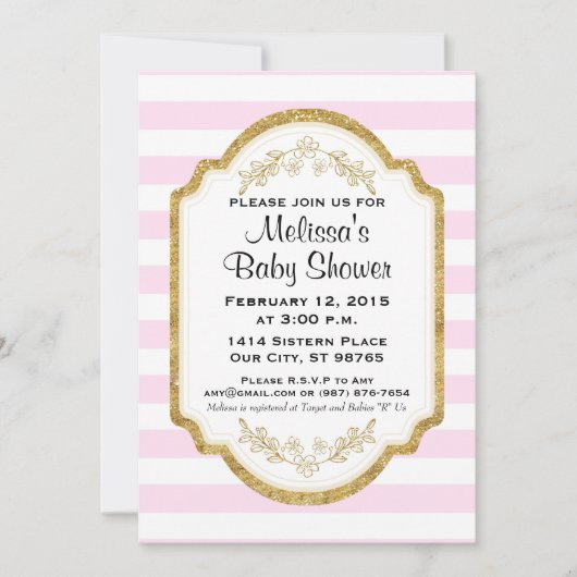 Aangepaste uitnodiging tot Baby shower, goud, roze (Voorkant)