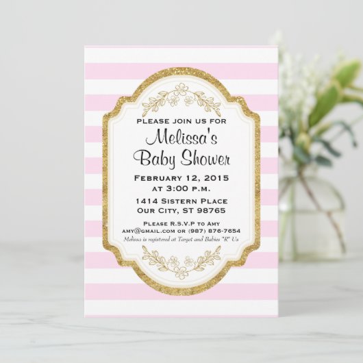 Aangepaste uitnodiging tot Baby shower, goud, roze (Staand voorkant)