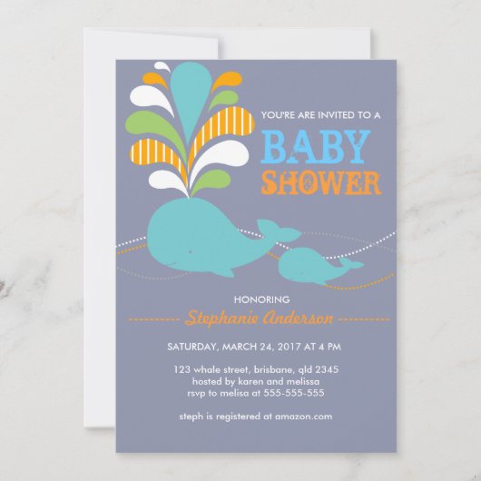Aangepaste uitnodiging voor baby shower op walvis (Voorkant)