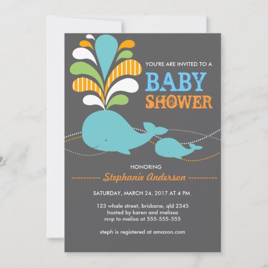 Aangepaste uitnodiging voor baby shower op walvis (Voorkant)