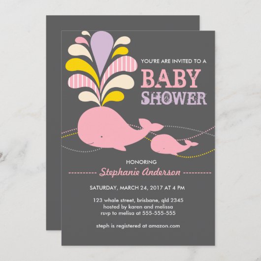 Aangepaste uitnodiging voor baby shower op walvis (Voorkant / Achterkant)