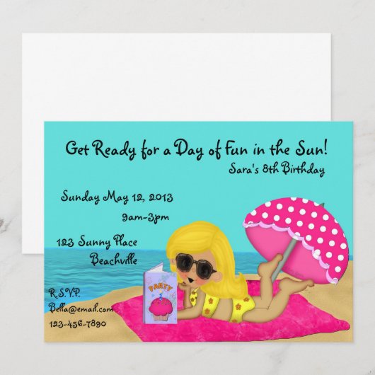Aangepaste uitnodiging voor blond-Beach Party (Voorkant / Achterkant)