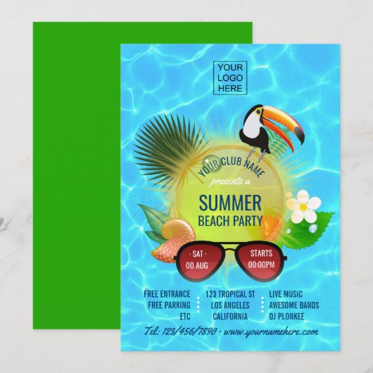 Aangepaste uitnodiging voor Club Summer Beach Part (Voorkant / Achterkant)