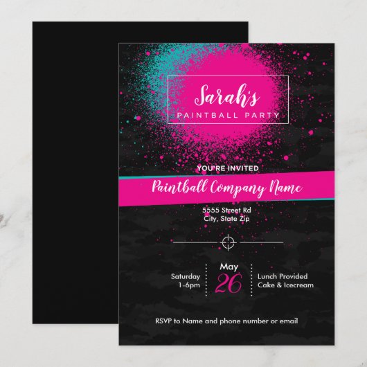 Aangepaste uitnodiging voor een Paintball Party vo (Voorkant / Achterkant)