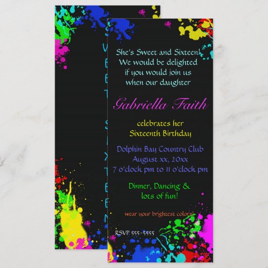 Aangepaste uitnodiging voor verf Splatter Sweet Si (Voorkant / Achterkant)