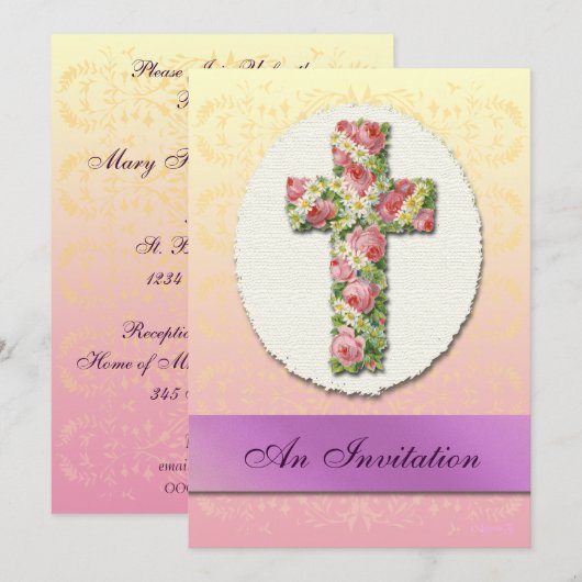 Aangepaste uitnodigingen voor Baptisme Floral Cros (Voorkant / Achterkant)