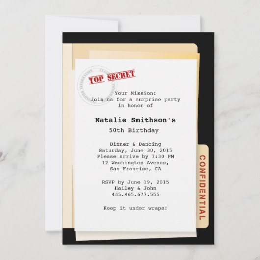 Aangepaste uitnodigingen voor topgeheime verrassin (Achterkant)