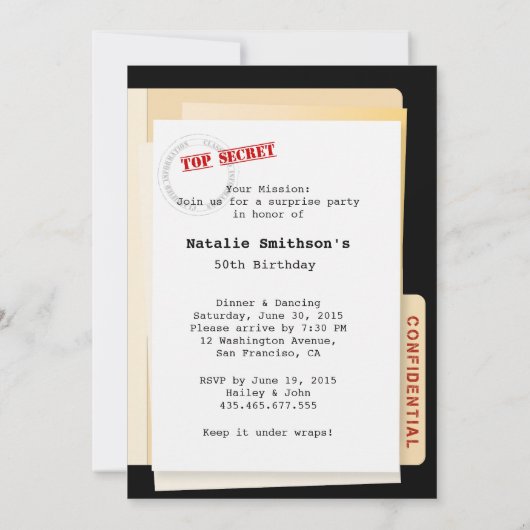 Aangepaste uitnodigingen voor topgeheime verrassin (Achterkant)