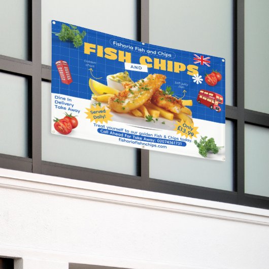 Aangepaste UK-editie Lekkere vis en friet adverten Spandoek (Buitenkant Gebouw)