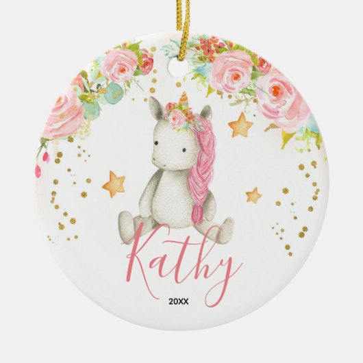 Aangepaste Unicorn Baby Girl First Ornament (Voorkant)