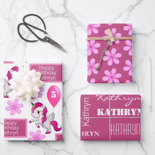 Aangepaste Unicorn Birthday Inpakpapier Vel (Voorkant)