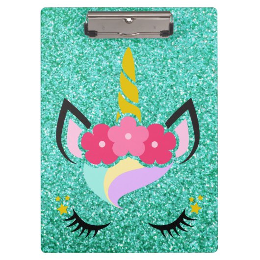 Aangepaste Unicorn Blauwgroen Glitter Clip Board Klembord (Voorkant)