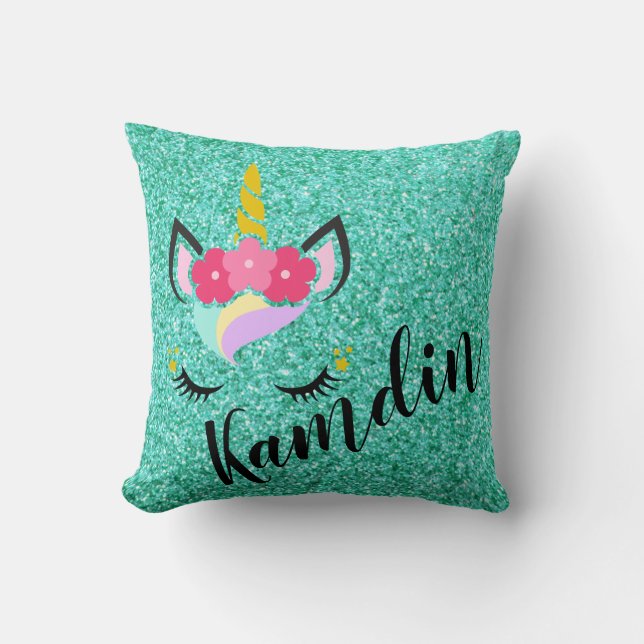 Aangepaste Unicorn Blauwgroen Glitter Pillow Kussen (Voorkant)