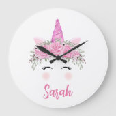 Aangepaste Unicorn grote klok met roze naam (Voorkant)
