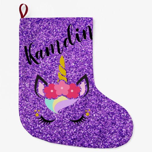 Aangepaste Unicorn Paars Glitter Stocking Grote Kerstsok (Voorkant)