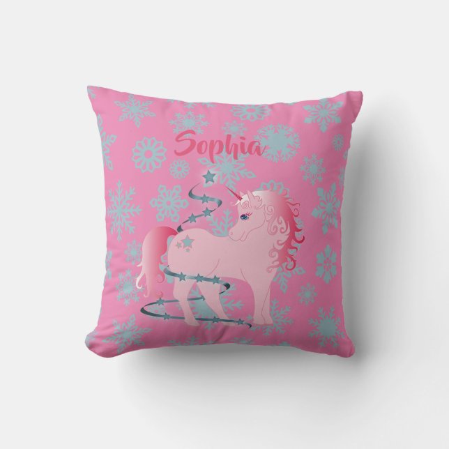 Aangepaste Unicorn Pink Cute Kerstmis Snowflake Kussen (Voorkant)