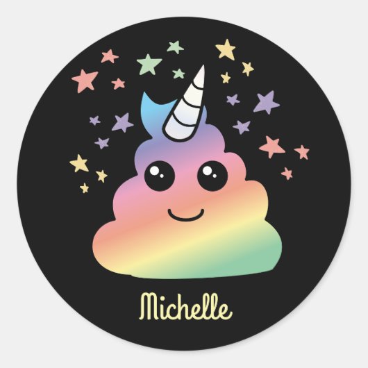 Aangepaste Unicorn Rainbow Poop Emoji Kawaii Ronde Sticker (Voorkant)