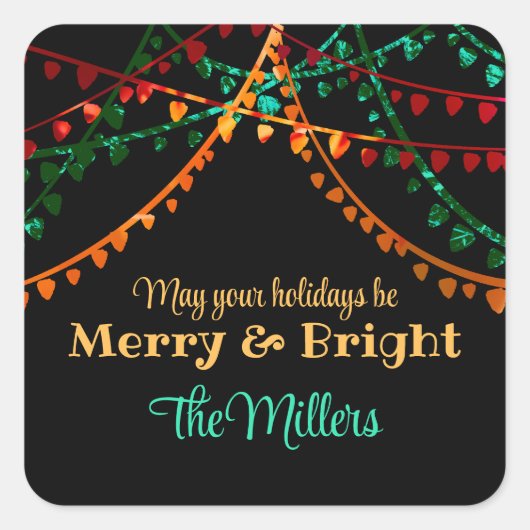 Aangepaste unieke kleurrijke kerstverlichting vrol vierkante sticker (Voorkant)
