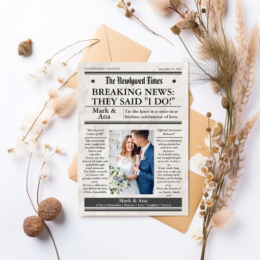 Aangepaste unieke krant bruiloft dank u kaart