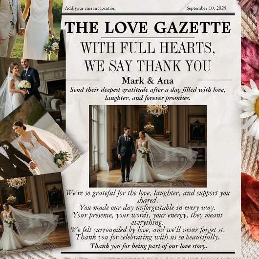 Aangepaste unieke krant bruiloft dank u kaart