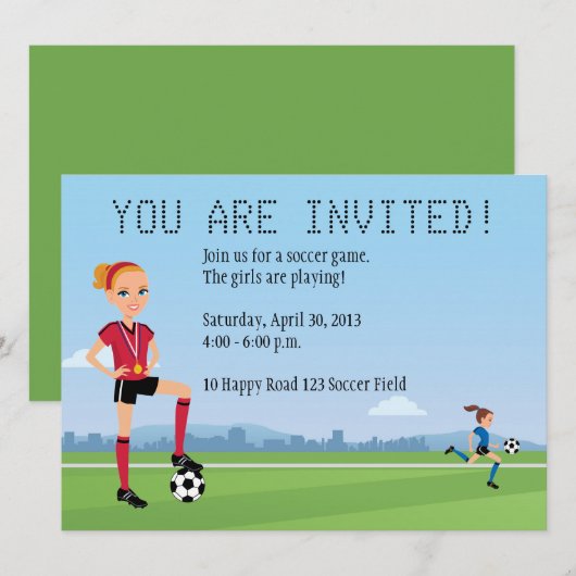Aangepaste unieke uitnodiging voor 'Girl Soccer Pl (Voorkant / Achterkant)