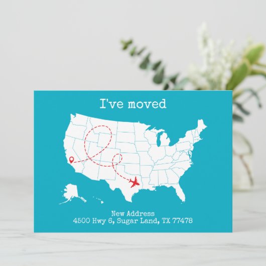 Aangepaste USA Kaart Turquoise "Ik ben verhuisd" A (Staand voorkant)