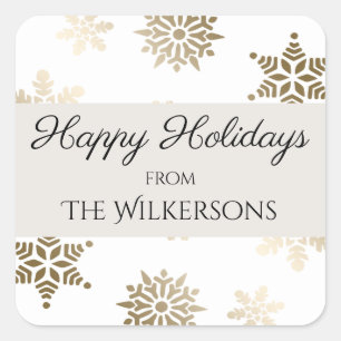 Aangepaste vakantie familienaam en gouden sneeuwvl vierkante sticker