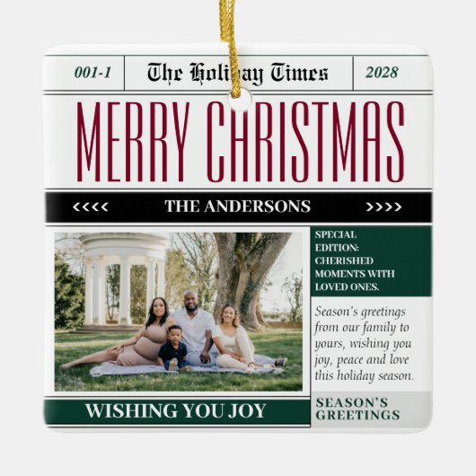 Aangepaste Vakantie Tijden Krant Kerstfoto Keramisch Ornament (Voorkant)