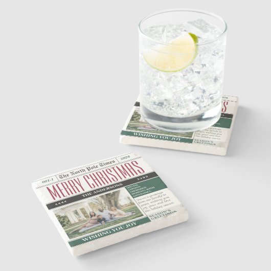 Aangepaste Vakantie Tijden Krant Kerstfoto Stenen Onderzetter (Zijkant)