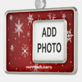Aangepaste Vakantiefoto Witte Sneeuwvlokken in Roo Verzilverd Omlijst Ornament (Links)