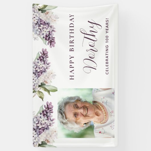 Aangepaste Verjaardag Banner Foto 100e Paarse Bloe (Verticaal)