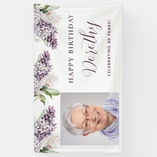 Aangepaste Verjaardag Banner Foto 60e Paarse Bloem (Verticaal)
