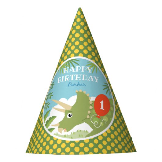 Aangepaste Verjaardag Dinosaurus Triceratops Alle  Feesthoedjes (Voorkant)