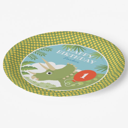 Aangepaste Verjaardag Dinosaurus Triceratops Alle  Papieren Bordje (Gekanteld)