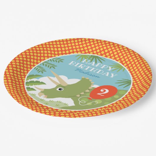 Aangepaste Verjaardag Dinosaurus Triceratops Elke  Papieren Bordje (Gekanteld)