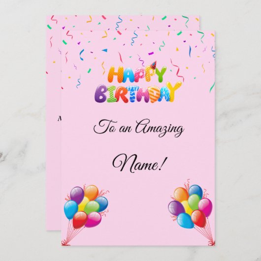 Aangepaste Verjaardag Kaart met Ballonnen & Confet (Voorkant / Achterkant)