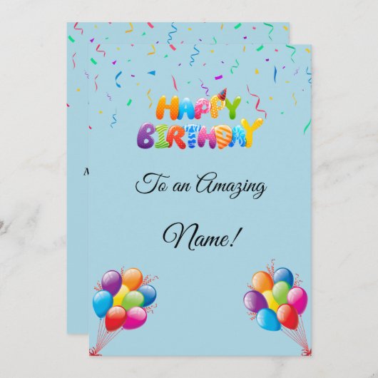 Aangepaste Verjaardag Kaart met Ballonnen & Confet (Voorkant / Achterkant)