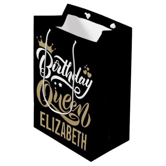 Aangepaste verjaardag koningin zwart en goud geper medium cadeauzakje (Voorkant Gekanteld)