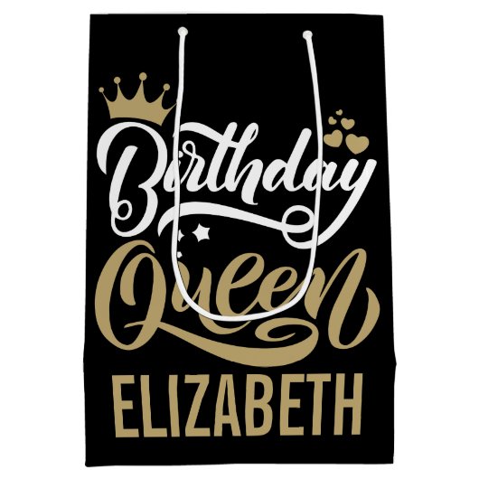 Aangepaste verjaardag koningin zwart en goud geper medium cadeauzakje (Achterkant)