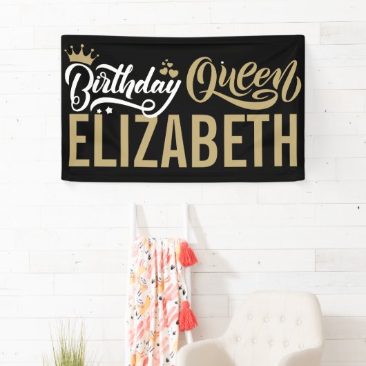 Aangepaste verjaardag koningin zwart en goud geper spandoek (Insitu)