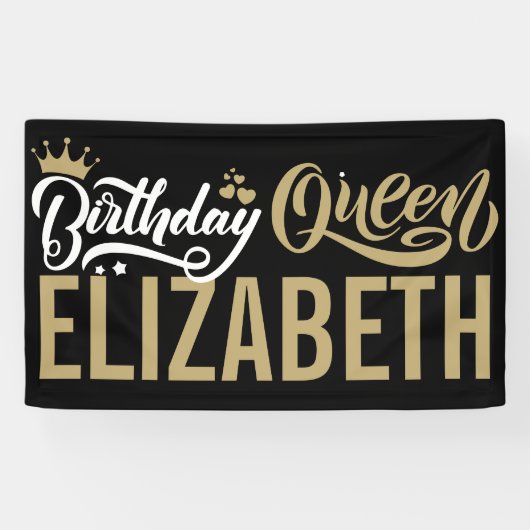Aangepaste verjaardag koningin zwart en goud geper spandoek (Horizontaal)