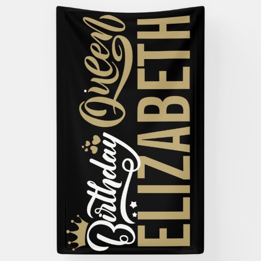 Aangepaste verjaardag koningin zwart en goud geper spandoek (Verticaal)