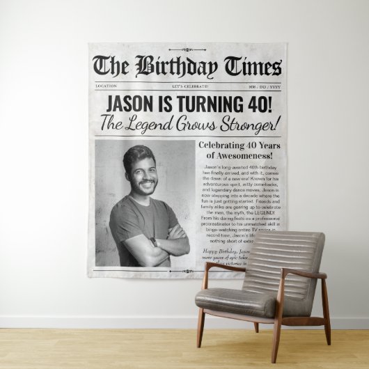 Aangepaste Verjaardag Krant Achtergrond met Foto Wandkleed (In situ)