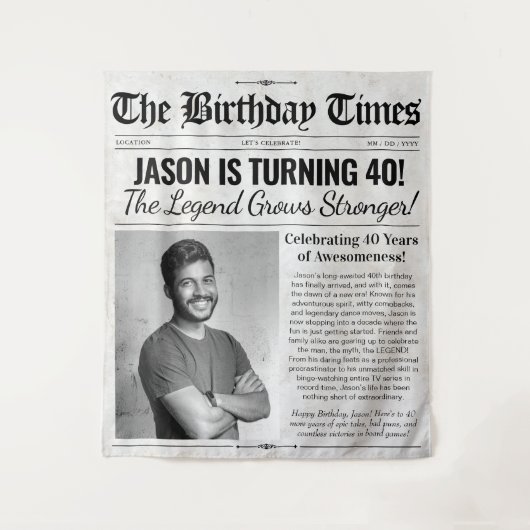 Aangepaste Verjaardag Krant Achtergrond met Foto Wandkleed (Voorkant)