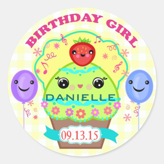 Aangepaste Verjaardag Meisje Kawaii Cupcake Sticke Ronde Sticker (Voorkant)