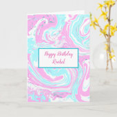 Aangepaste verjaardag | Roze en blauwe marmer Kaart (Gele Bloem)