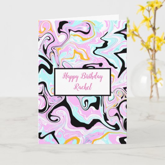 Aangepaste verjaardag | Roze en zwarte marmer Kaart (Gele Bloem)